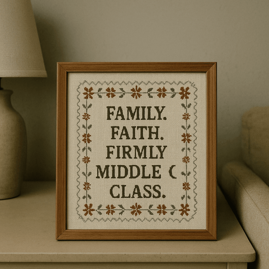 "Family. Faith. Firmly Middle Class." Embroidered Sampler